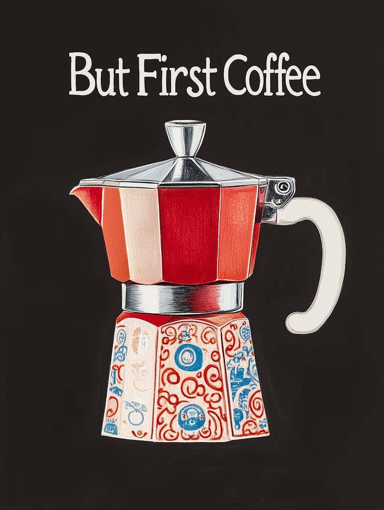 "But first Coffee", Moka Pot Malerei, Kaffee Liebe Typografie