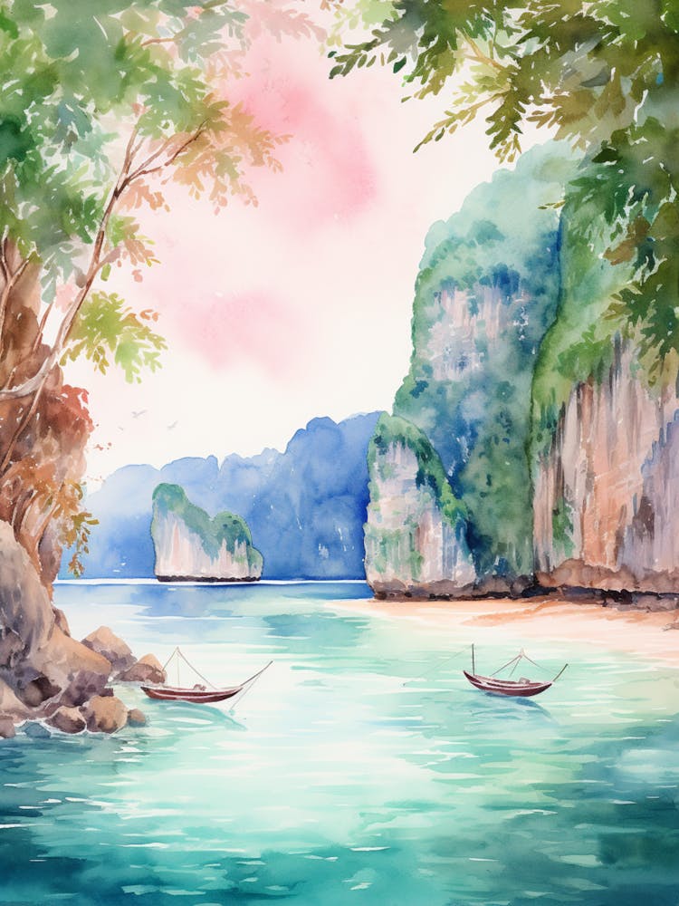 Watercolor Painting Of Maya Bay, Koh Phi Phi Thailand 3
