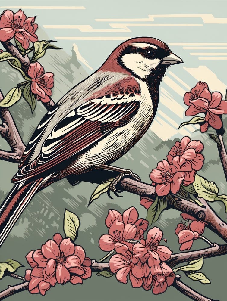 Vintage Bird Linocut House Sparrow 2