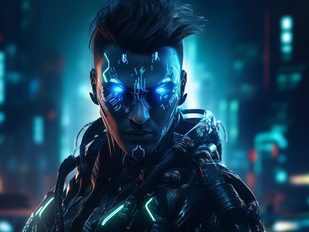 Man wearing a sleek cyber suit with glowing neon lines and intricate details