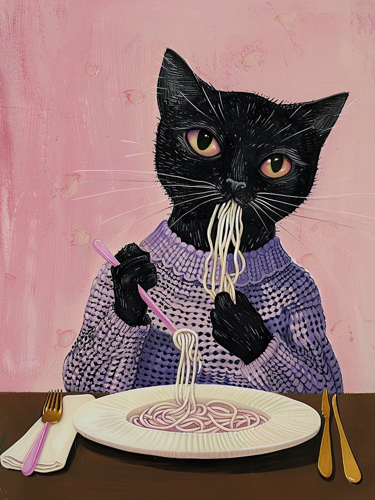 Cute Black Cat Eating Pasta Folk Illustration 1