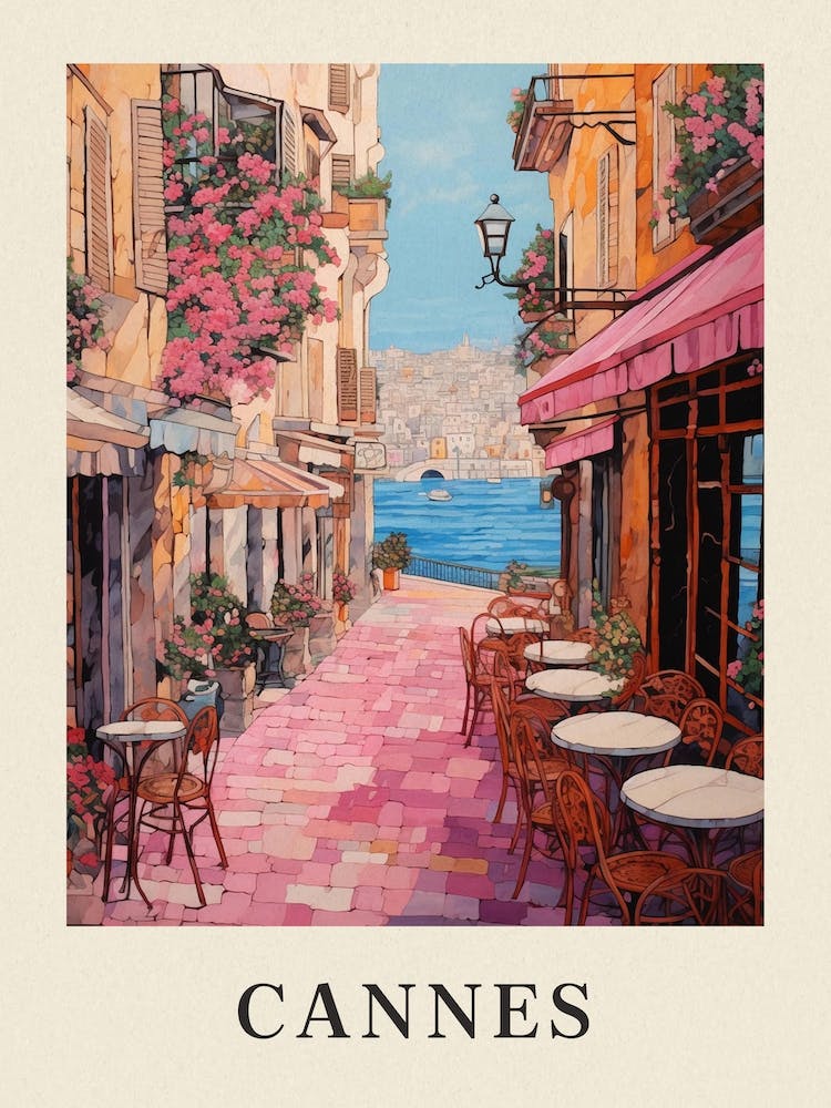 Cannes France 2 Vintage Pink Travel Illustration Poster
