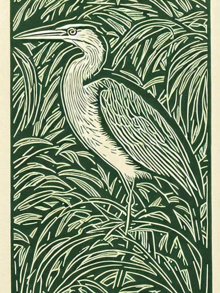 Green Heron Linocut Bird