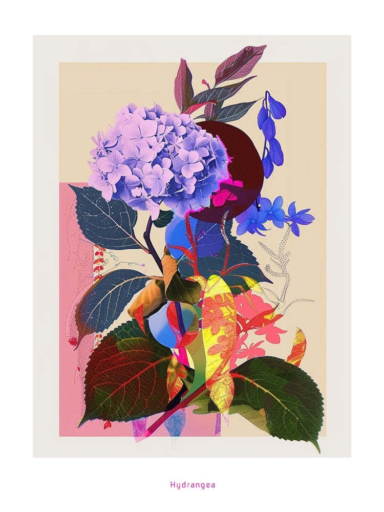 Hydrangea 4 Neon Flower Collage Poster