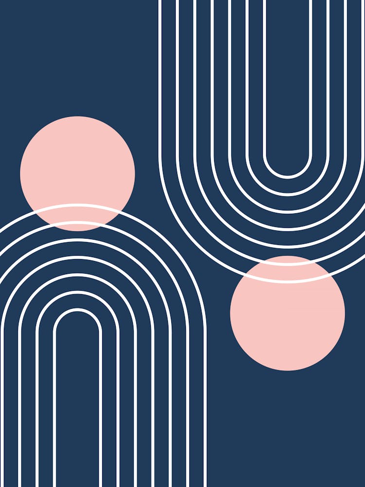 Mid Century Modern Geometric C4 In Navy Blue And Pastel Pink (Rainbow And Sun Abstraction) 01