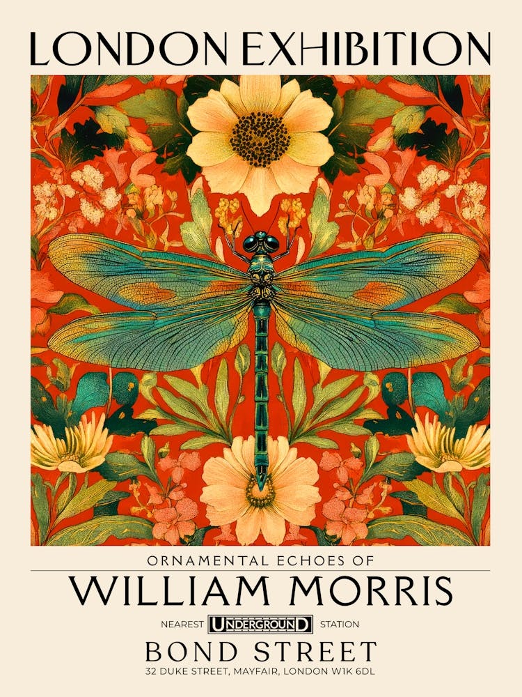 William Morris Libellule et œuvre florale couleurs vibrantes, motif insecte et fleur Impression botanique vintage, art mural maximaliste décor bohème salon, Tapisserie florale style victorien décor vintage 14