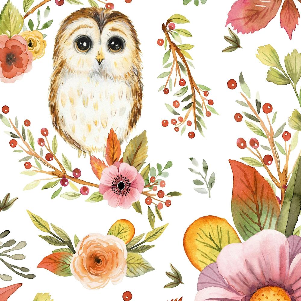 Owls With Flowers Terracotta Green Square