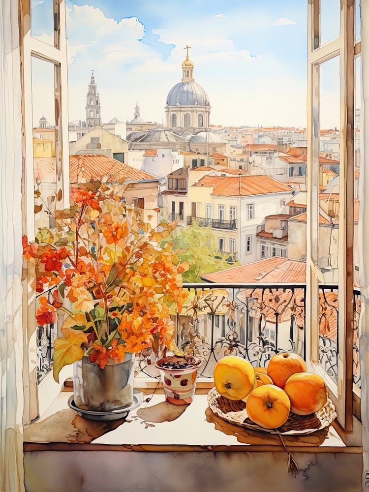 Window View Of Lisbon Portugal In Autumn Fall, Watercolour 3