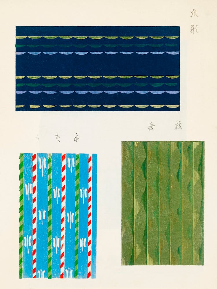 Vintage Ukiyo-e Woodblock Print Of Japanese Textile, Shima Shima, Furuya Korin (159) 1