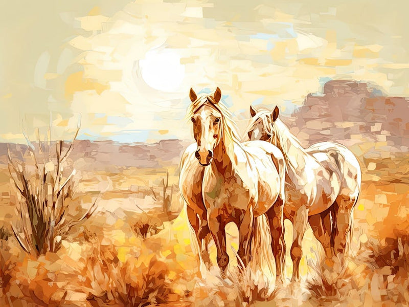 Horses Painting In Arizona Desert, Usa, Landscape 1