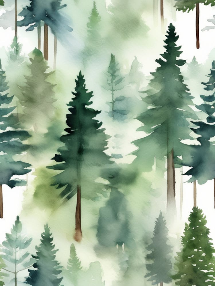 Appalachian Mountains of Misty Pines Watercolor Print of Evergreen Forest..144