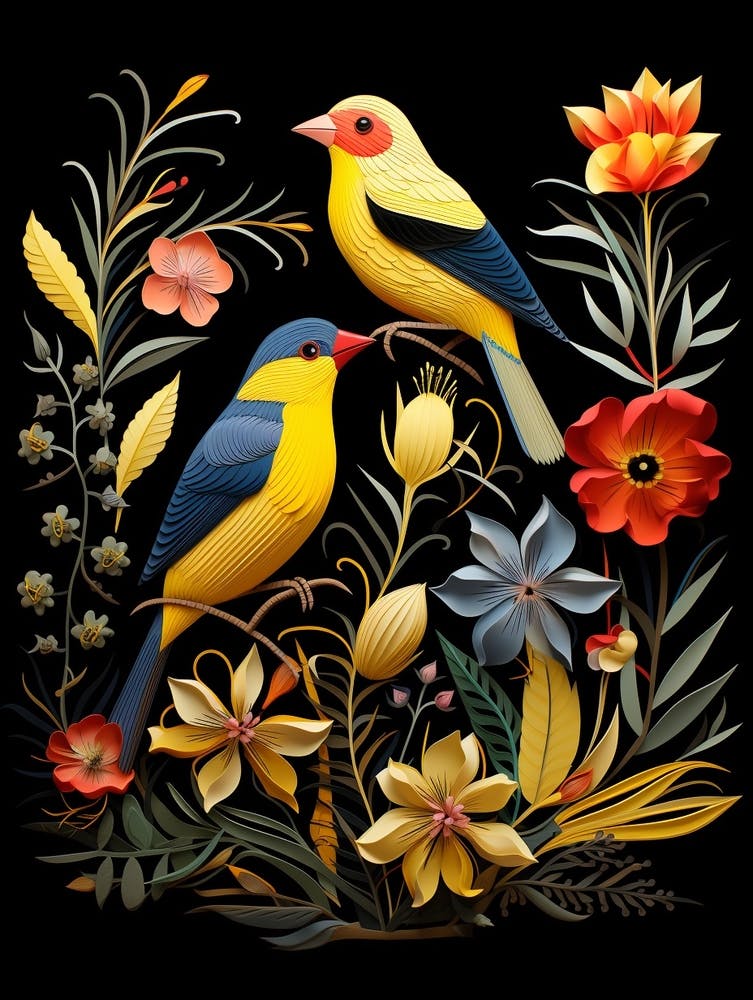 Illustration d'oiseau Folk Chardonneret jaune 3