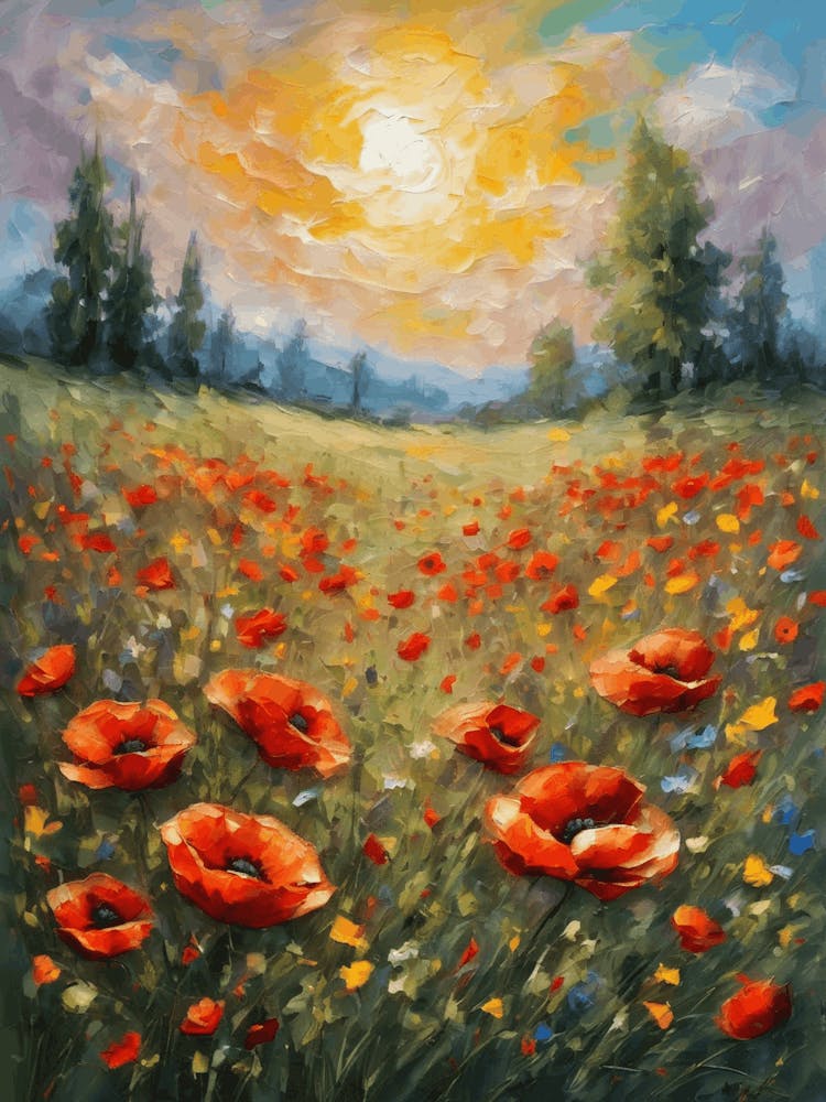 Poppies in the Meadow ~ The Poppy Fields Summer Oil Painting Vibrant Countryside Summer Landscape Feature Wall Decor - Botanical