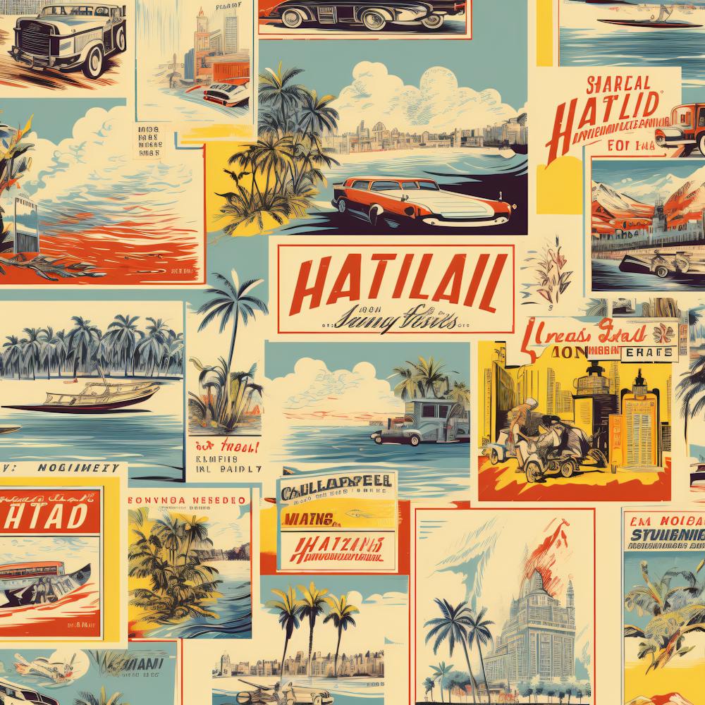 Vintage, Retro Travel Poster Tropical, Palm Trees, Airplane, Sun 4