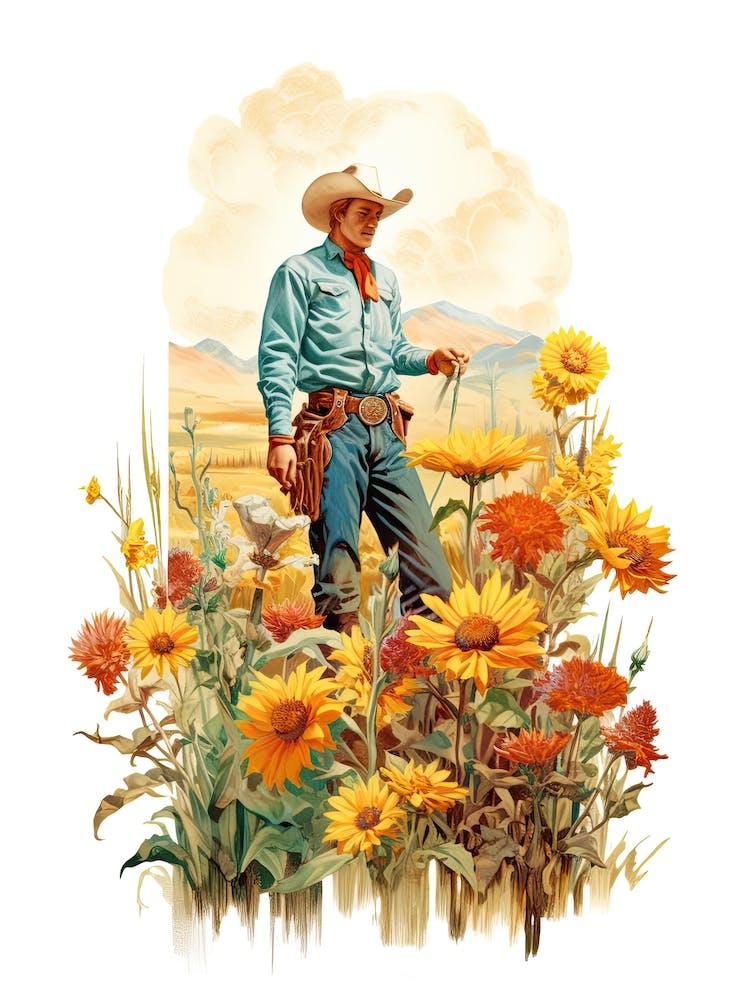 Cowboy mit Blumen auf einer Ranch