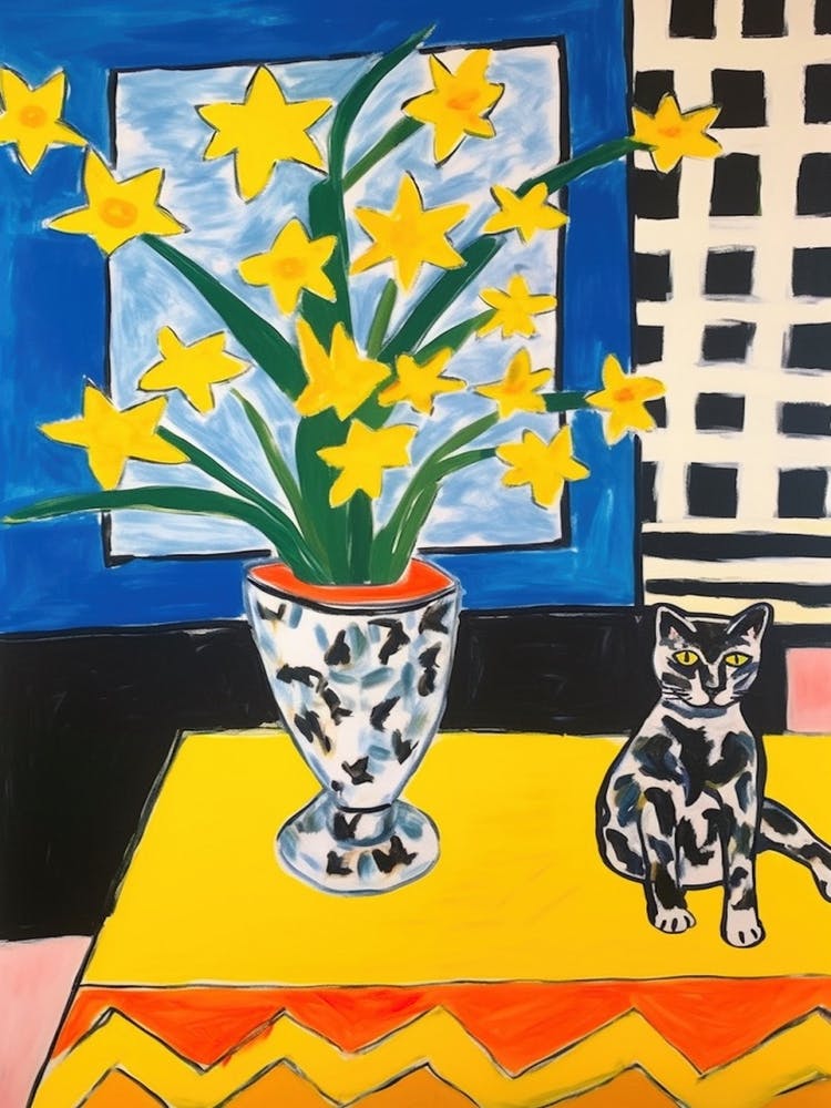 A Painting Of A Still Life Of A Daffodils With A Cat In The Style Of Matisse 2