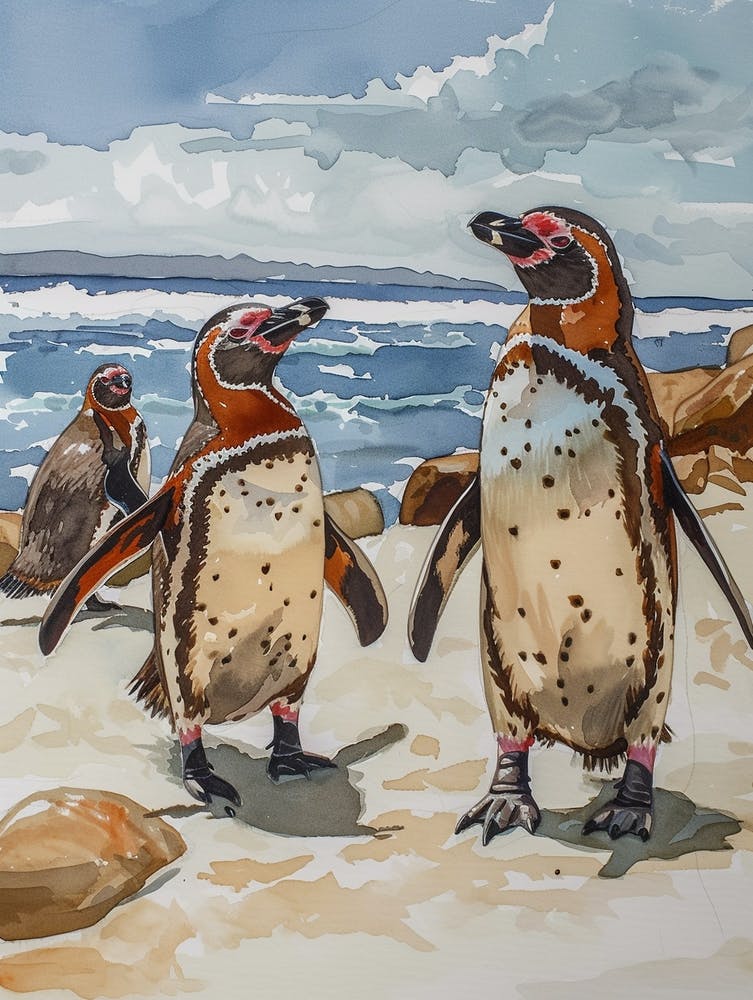Humboldt Penguin Boulders Beach Simons Town Watercolour Painting 4