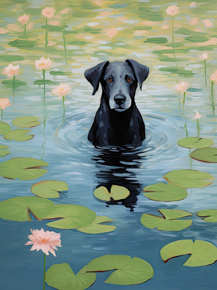 Monet Waterlilies With Black Dog
