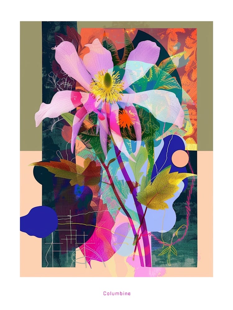 Columbine 1 Neon Flower Collage Poster