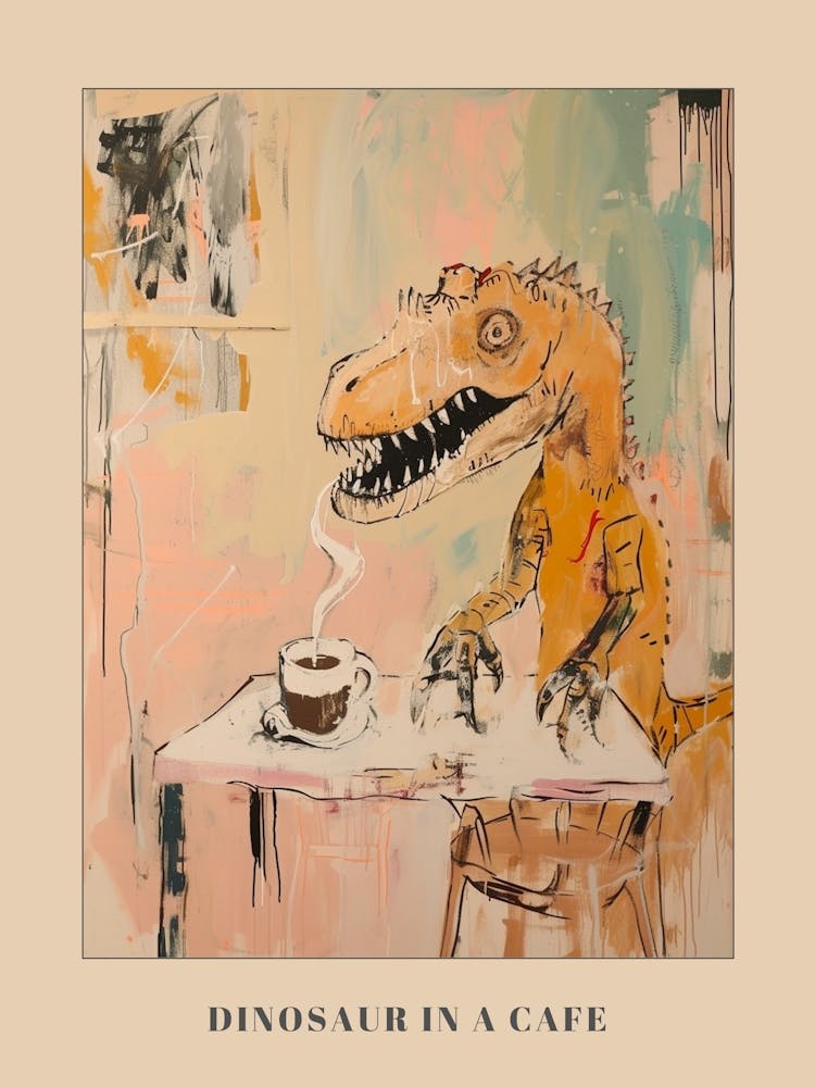 Graffiti Style Dinosaur Drinking A Coffee In A Cafe 3 Poster