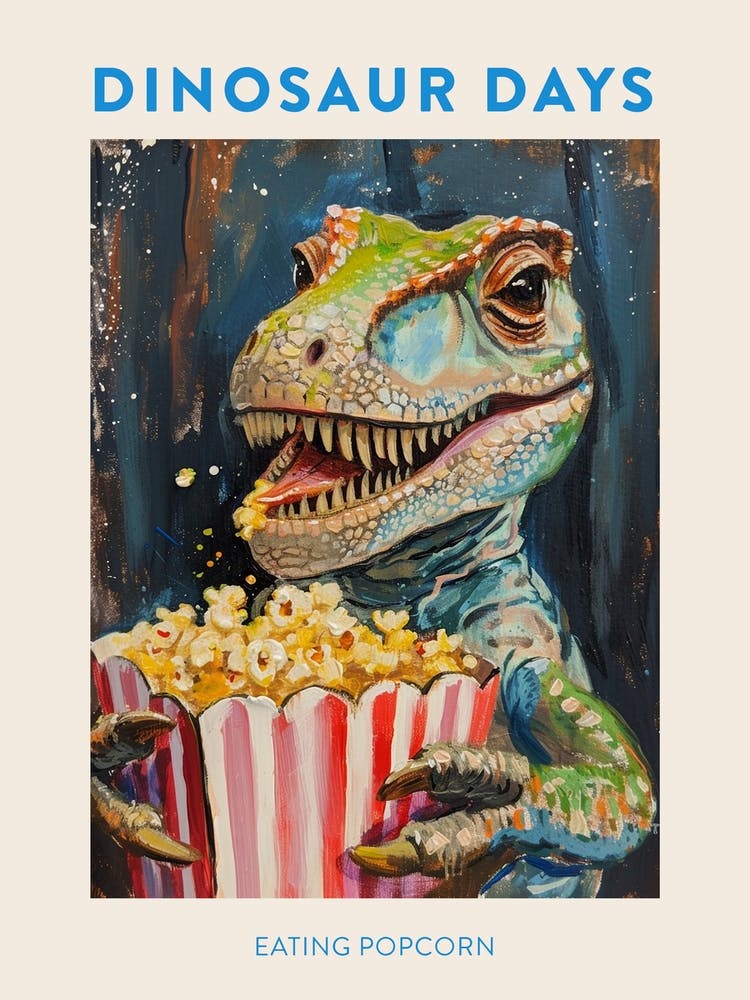 Popcorn essendes orange-blaues Dinosaurier-Poster