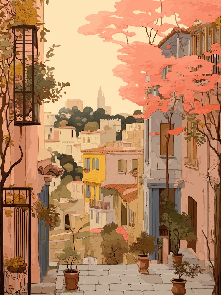 Athens Greece 3 Vintage Pink Travel Illustration