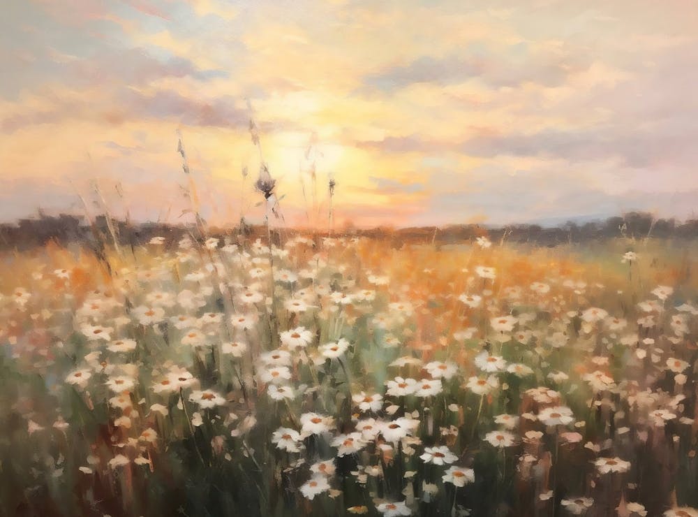 Wildflower Field Landscape Oil Painting, Vintage Sunset Landscape, White Flowers Field Art Digital Download, Nature Printable Art
