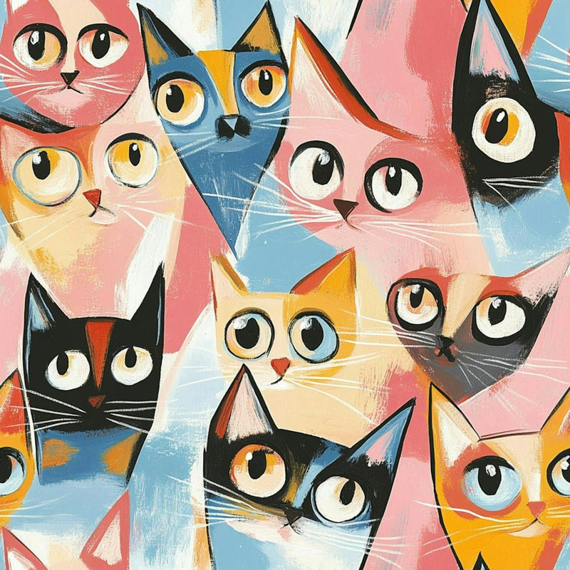 A Seamless Pattern Of Cute Cats With Big Eyes, Depicted In The Style Of Cubism On An Acrylic Painting Canvas, Colorful And Playful, Displayed Against Blush Coloured Background