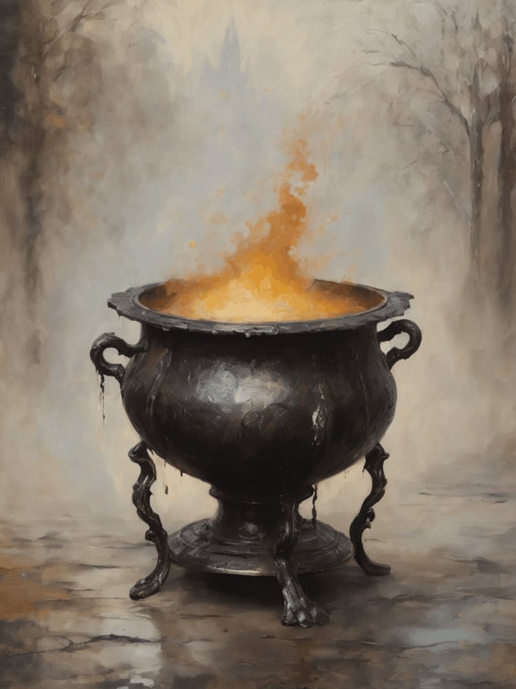 Cast Iron Cauldron Gloomy Moody Art | Neutral Witchcore Gothic Wall Decor | Halloween Witchy All Year Feature Wall | Ornate Witches Lion Foot Cauldron for Spellwork in HD