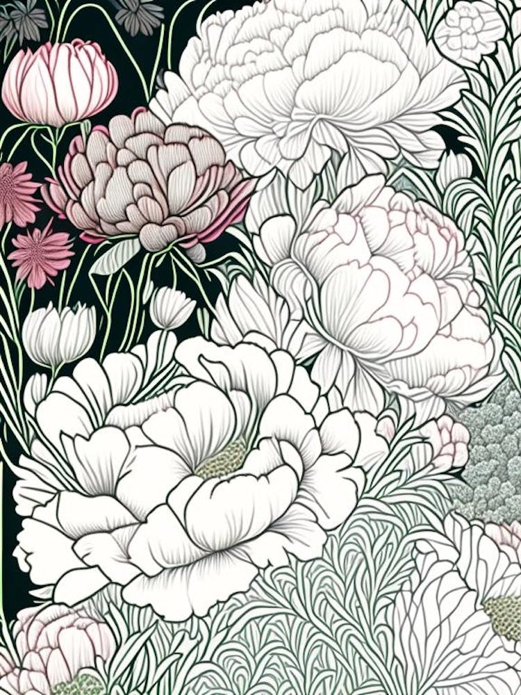 Mixed Perennial Beds Of Peonies 2 Drawing