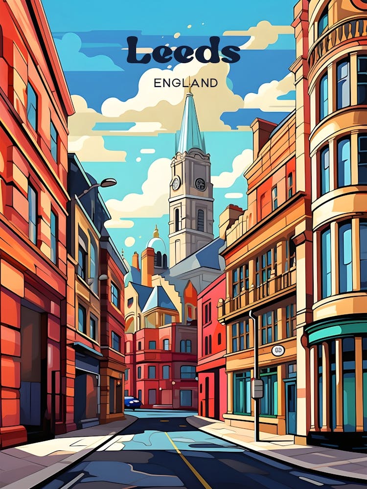 Leeds England Summer Streetview Travel Art Illustration