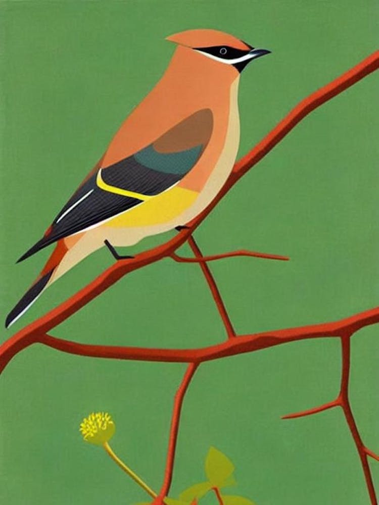 Cedar Waxwing Midcentury Illustration Bird
