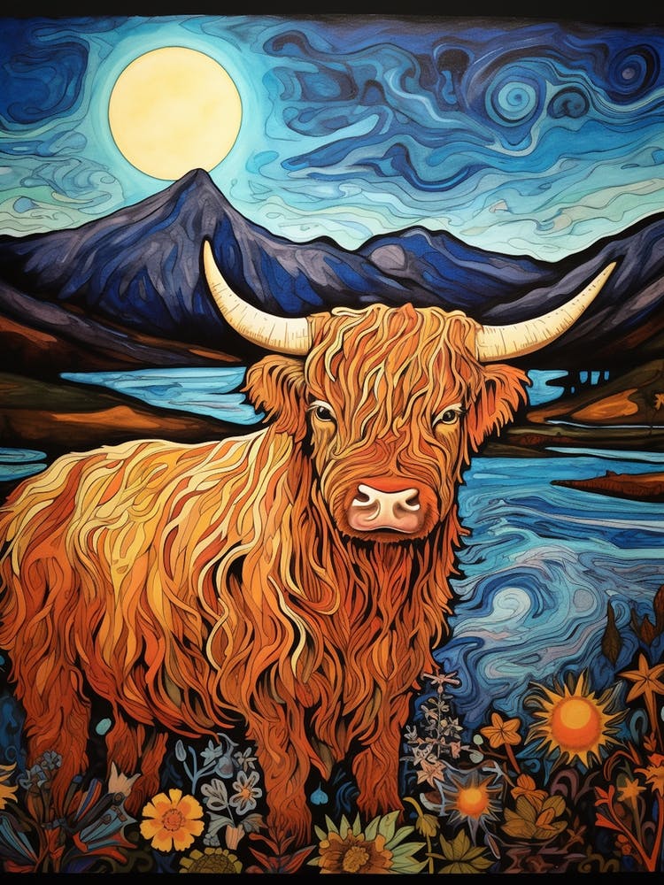 Digital Painting Of Highland Cow In The Moonlight 2