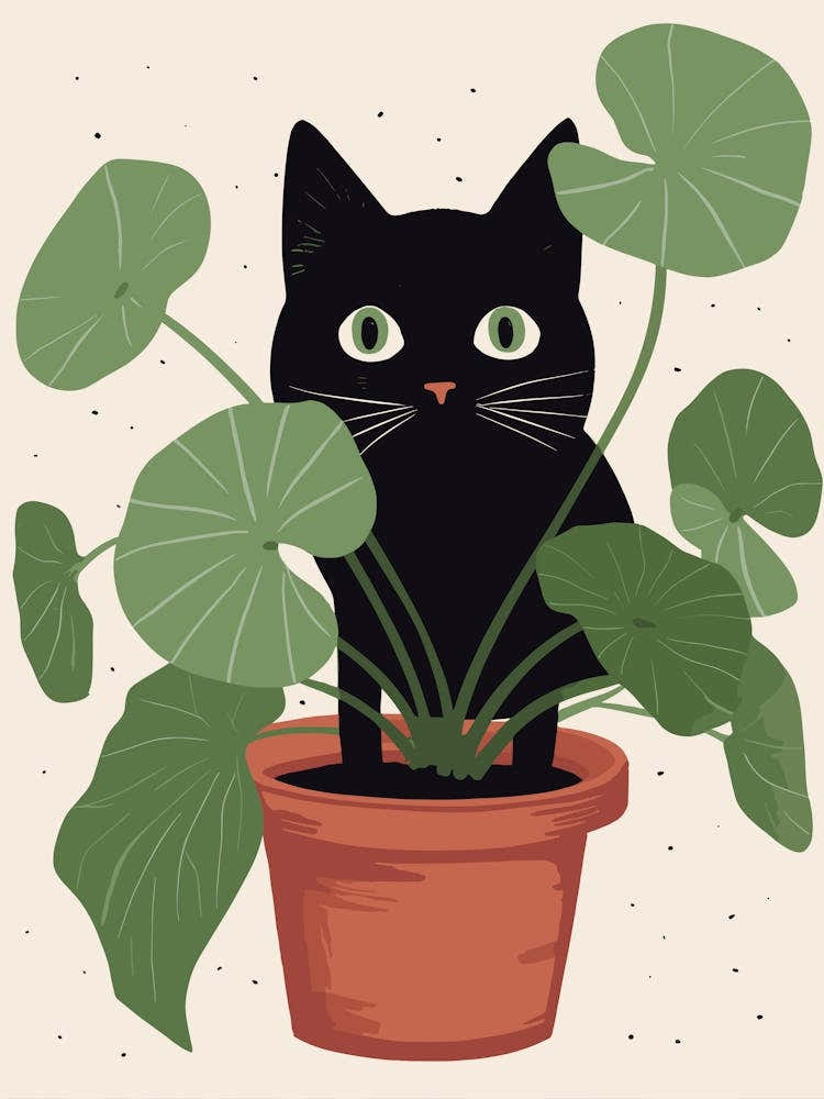 Black Cat Digging A Plant Pot Cute Illustration