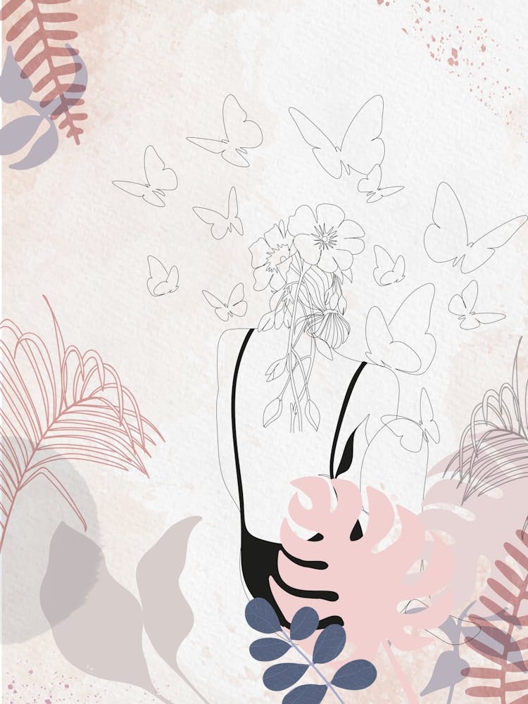 Back View Woman with Butterflies – Minimal Botanical Line
