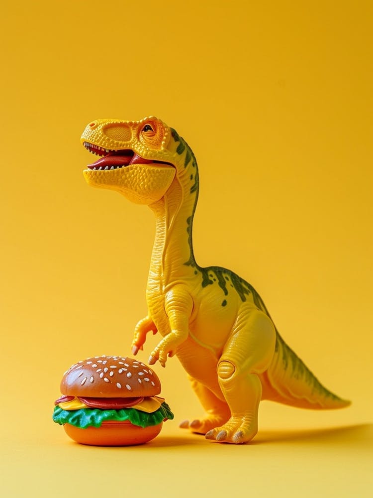 Colourful Toy Dinosaur Eating A Hamburger 1
