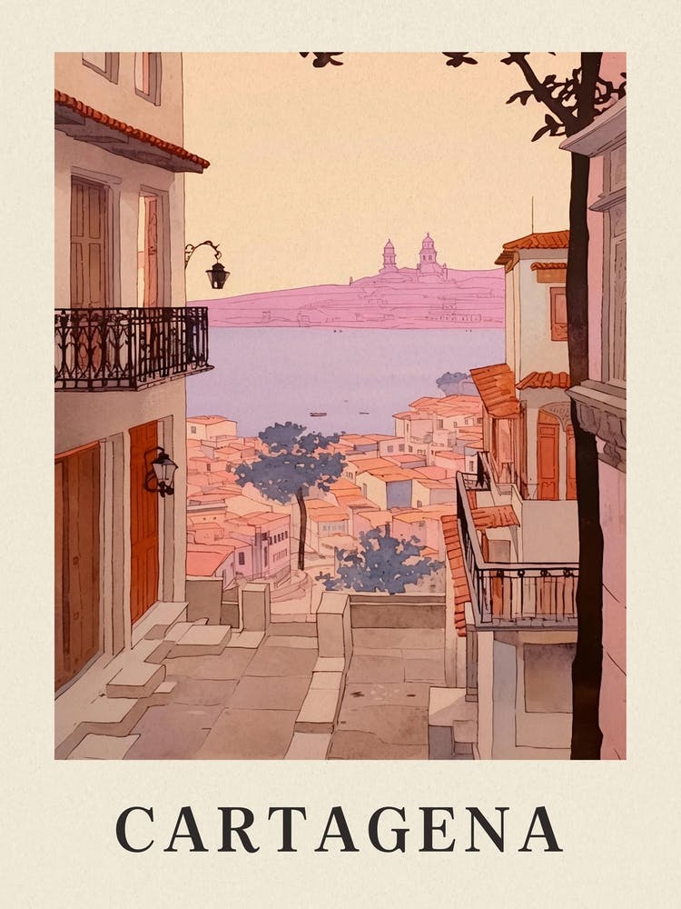 Cartagena Spain 5 Vintage Pink Travel Illustration Poster