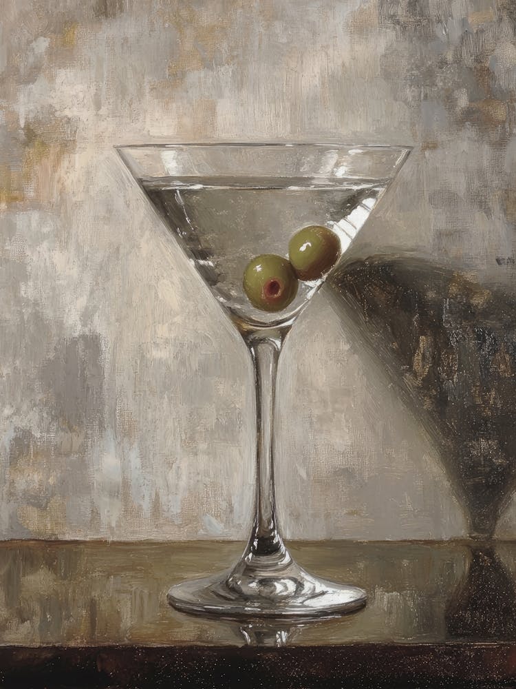 Classic Martini With Olives Still Life Realism Oil Painting in Grey, Elegant Cocktail Modern Bar Cart Wall Art, Sophisticated Kitchen Print Contemporary Interior, Vintage Minimalist Dining Room Decor