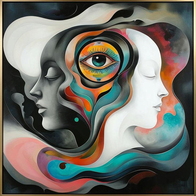 Abstract Painting With Overlapping Human Silhouettes And Surreal Eye