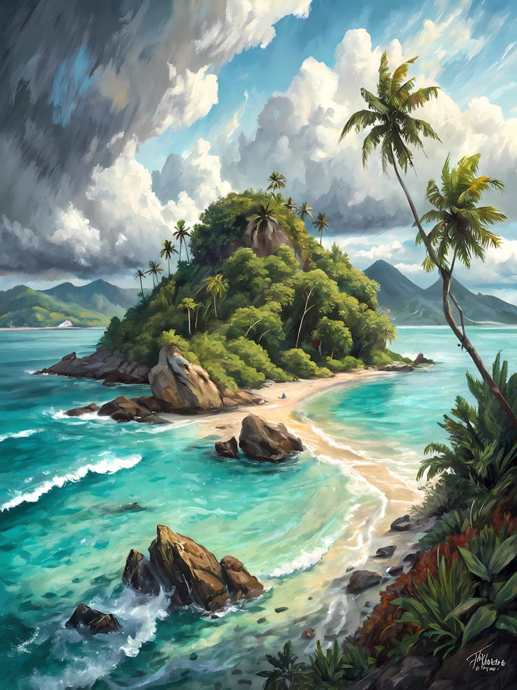 Tropical Island Paradise oil Painting Vibrant Seascape with Palm Trees and Turquoise Water