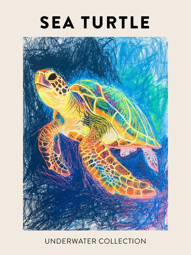 Sea Turtle Underwater Pencil Scribble Poster 4