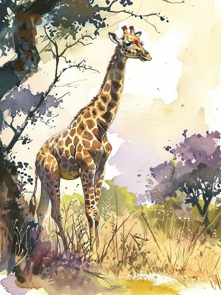 Giraffe Under The Tree Watercolour Inspired 1