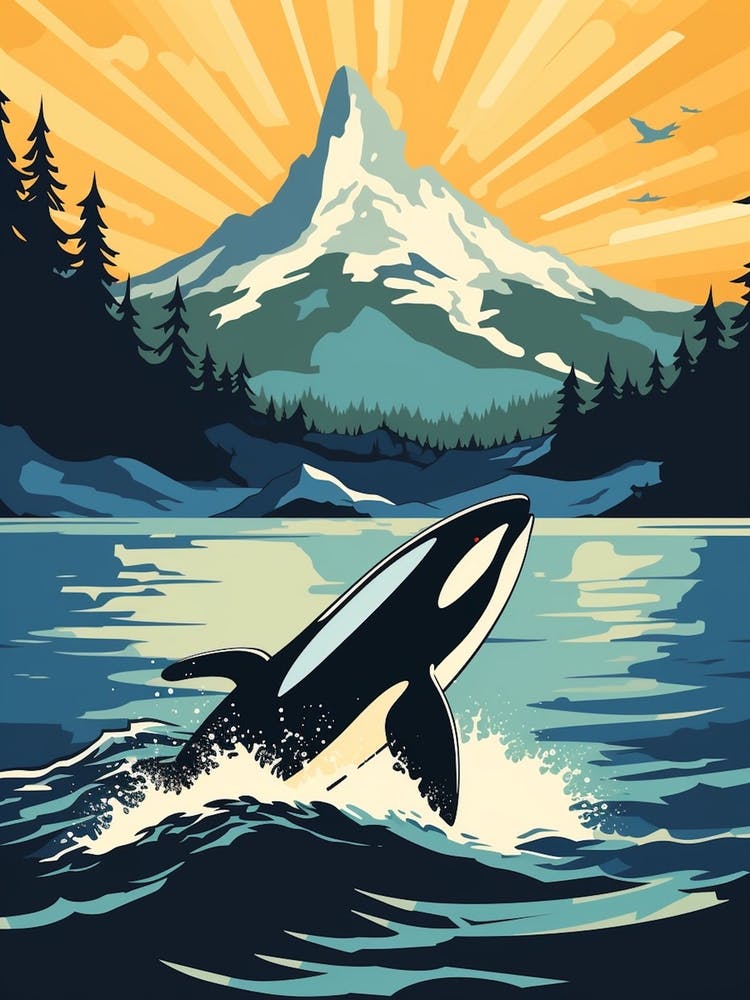 Retro Poster Style Orca Diving Out Of Ocean
