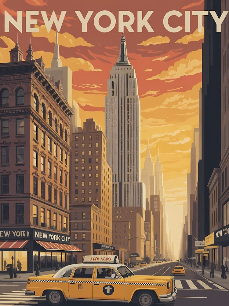 A Vintage Travel Poster Of The New York City Skyline With Sunset Sky, And Yellow Taxi Cab,, Wallart, Wallpaper