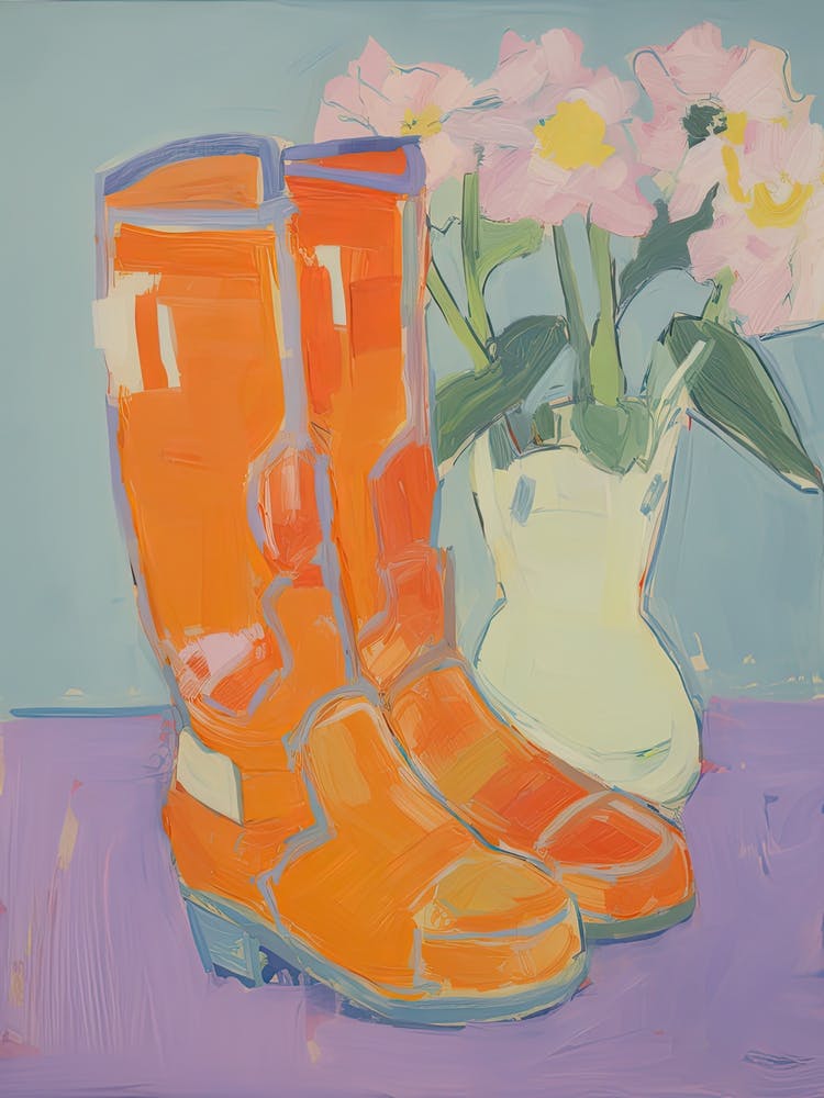 Painting Of Flowers And Cowboy Boots, Oil Style 3