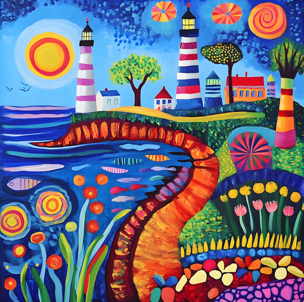 Colorful Surreal Landscape With Lighthouses