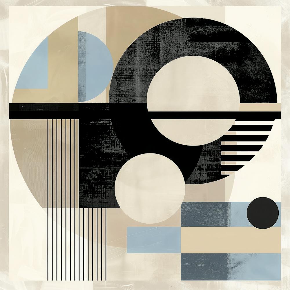 Abstract Geometric Painting - Circles and Lines in Beige, Black and Blue