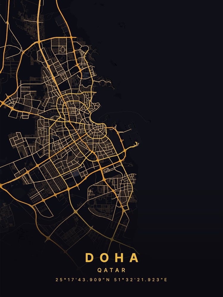 Doha Qatar Black And Gold Map