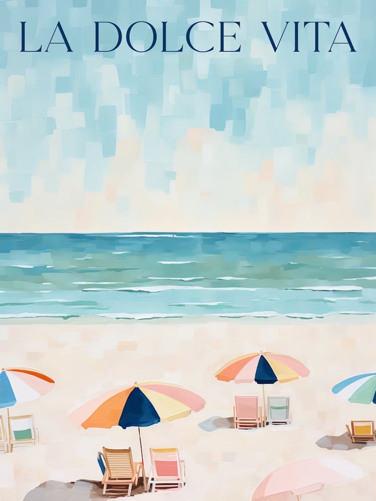La Dolce Vita. Gouache Sea Landscape with Quote. Vintage Travel
