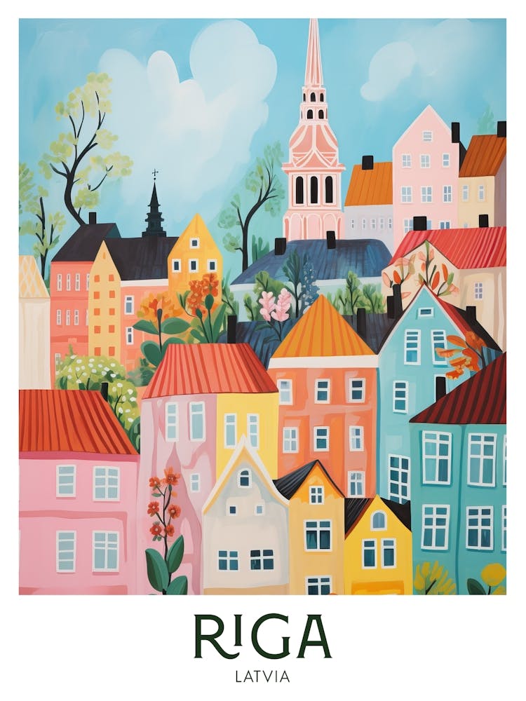 Riga, Latvia Maximalist Travel Poster Vibrant Colour